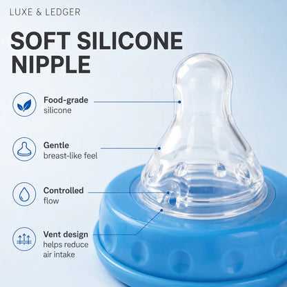 Blue baby bottle with soft silicone nipple on a light blue background, featuring text and icons about the nipple's features.