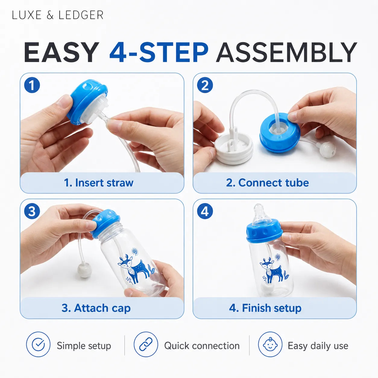 Step-by-step assembly guide for a baby bottle with hands performing each step.