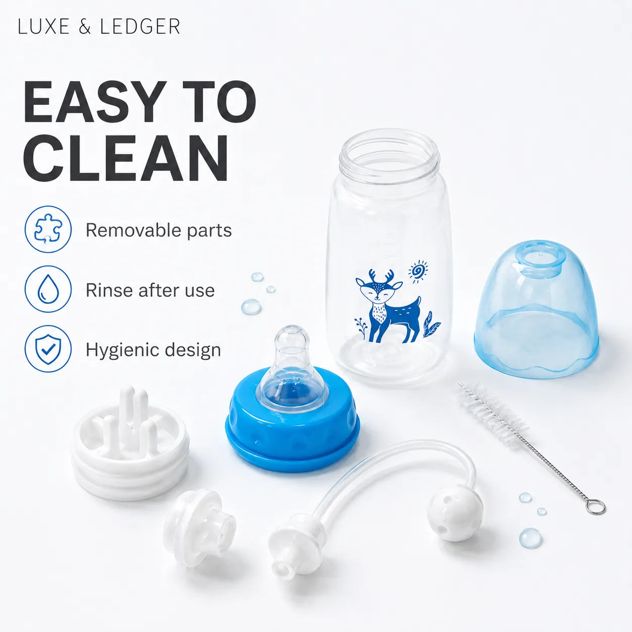 Baby bottle set with components and cleaning brush on a white background, featuring text on cleaning ease.