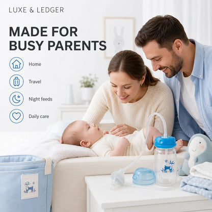Family with a baby in a living room setting, with text 'Made for Busy Parents' and product features listed.