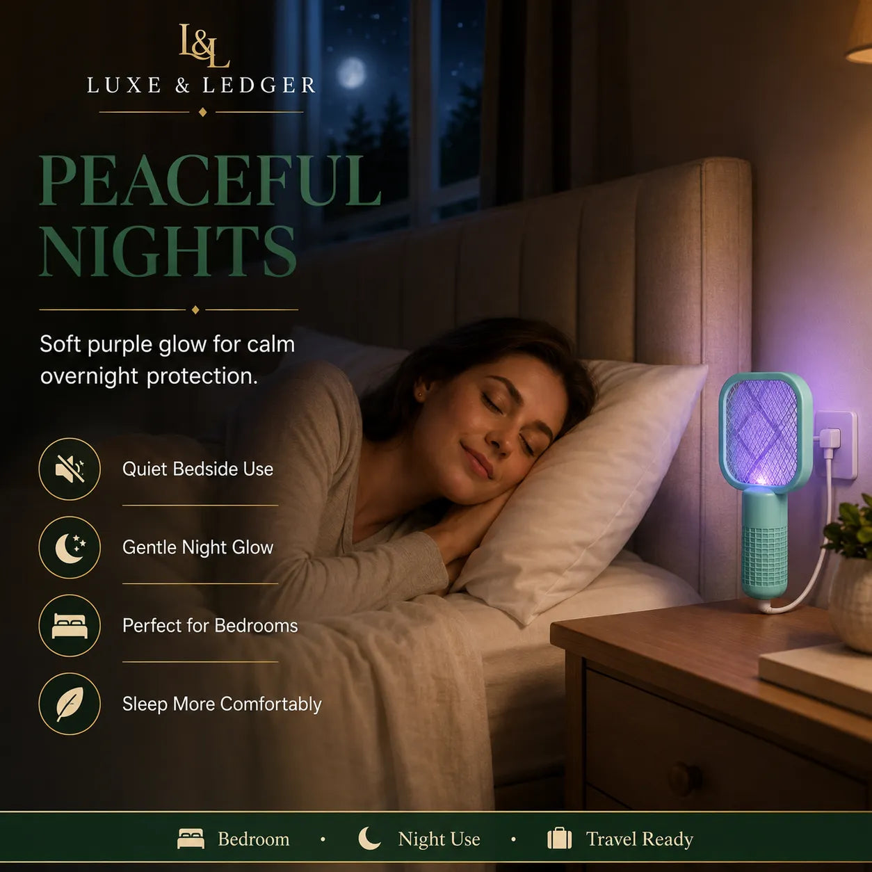 Woman sleeping in a bedroom with a purple glow light on a nightstand, featuring Luxe & Ledger brand.