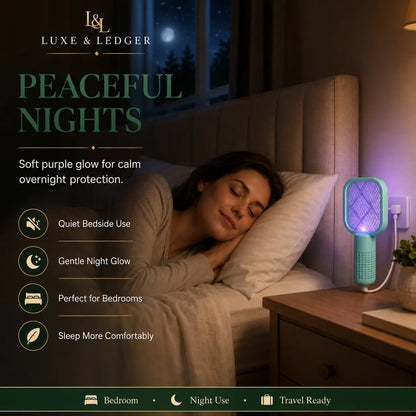Woman sleeping in a bedroom with a purple glow light on a nightstand, featuring Luxe & Ledger brand.