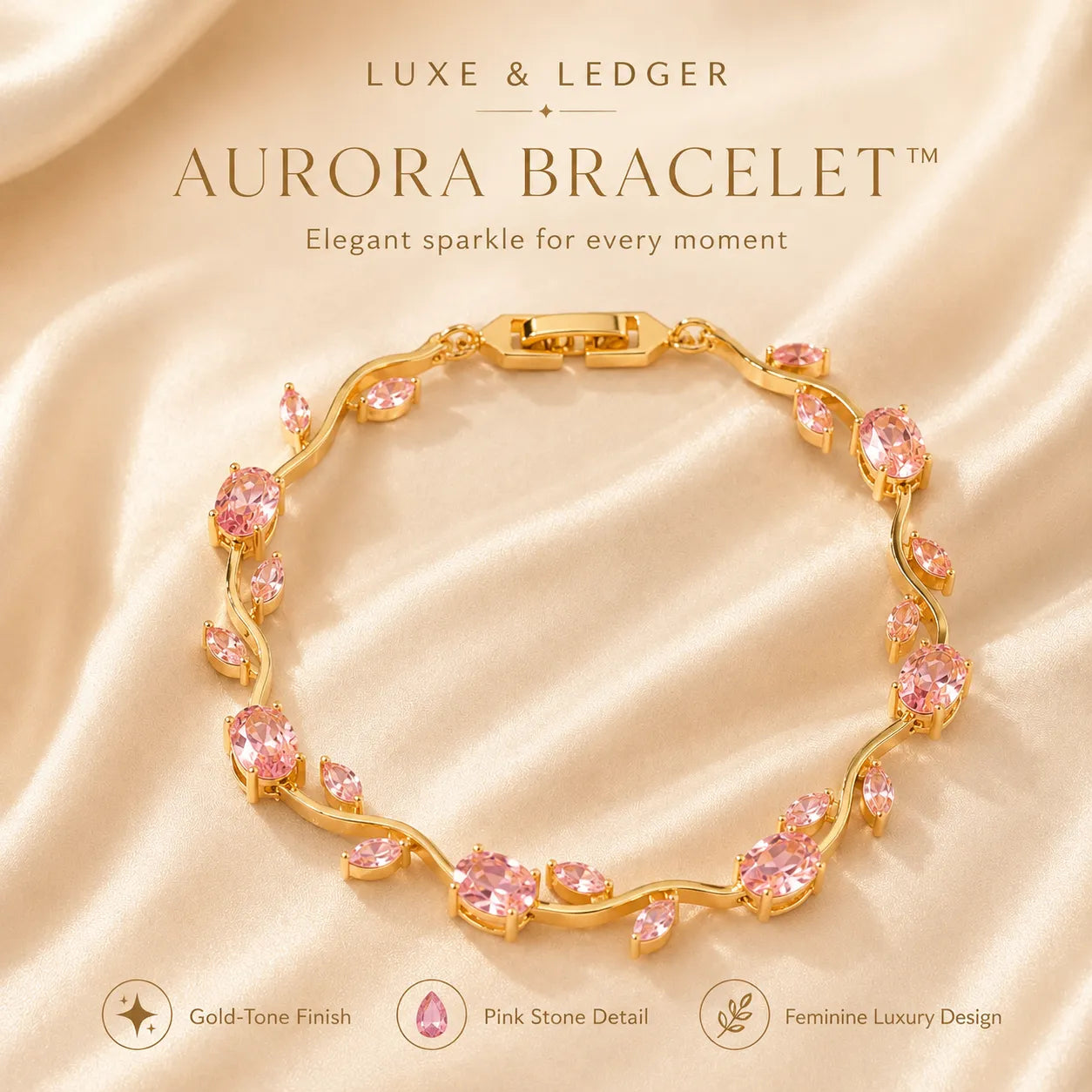 Gold bracelet with pink stones on a beige fabric background, featuring the brand 'Luxe & Ledger'.