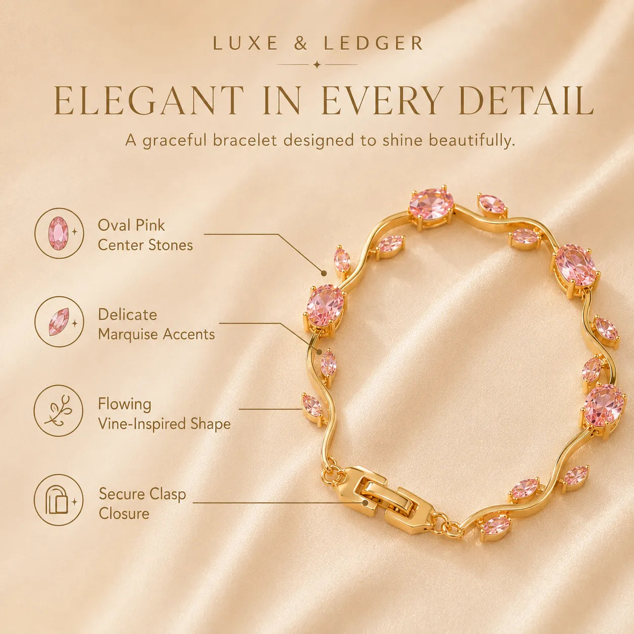 Gold bracelet with pink stones on a beige fabric background, featuring Luxe & Ledger branding.