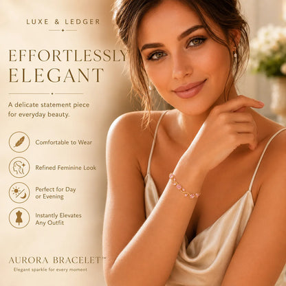 Woman wearing a bracelet with product description text on a beige background