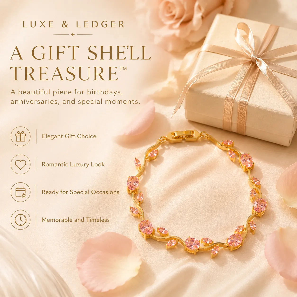Gold bracelet with pink stones on a beige background with gift box and flowers, featuring Luxe & Ledger branding.