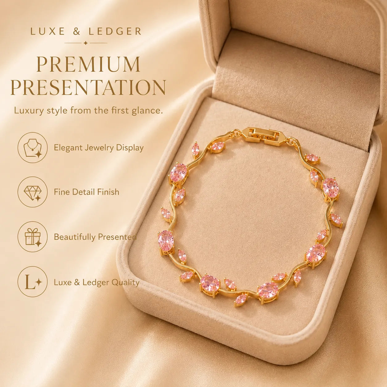 Gold bracelet with pink stones in a beige jewelry box, featuring Luxe & Ledger branding.