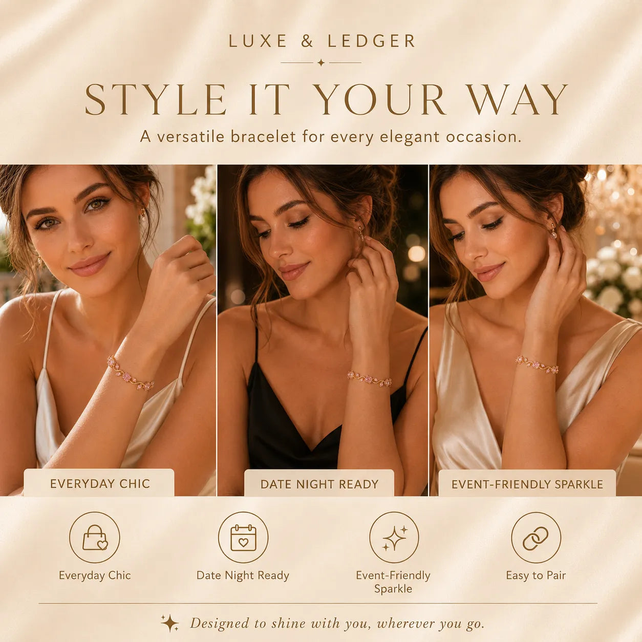 Advertisement for Luxe & Ledger bracelet with a woman wearing it in various settings.