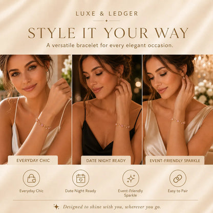 Advertisement for Luxe & Ledger bracelet with a woman wearing it in various settings.