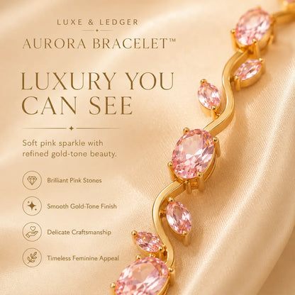 Luxury Aurora Bracelet with pink stones and gold-tone finish on a beige background