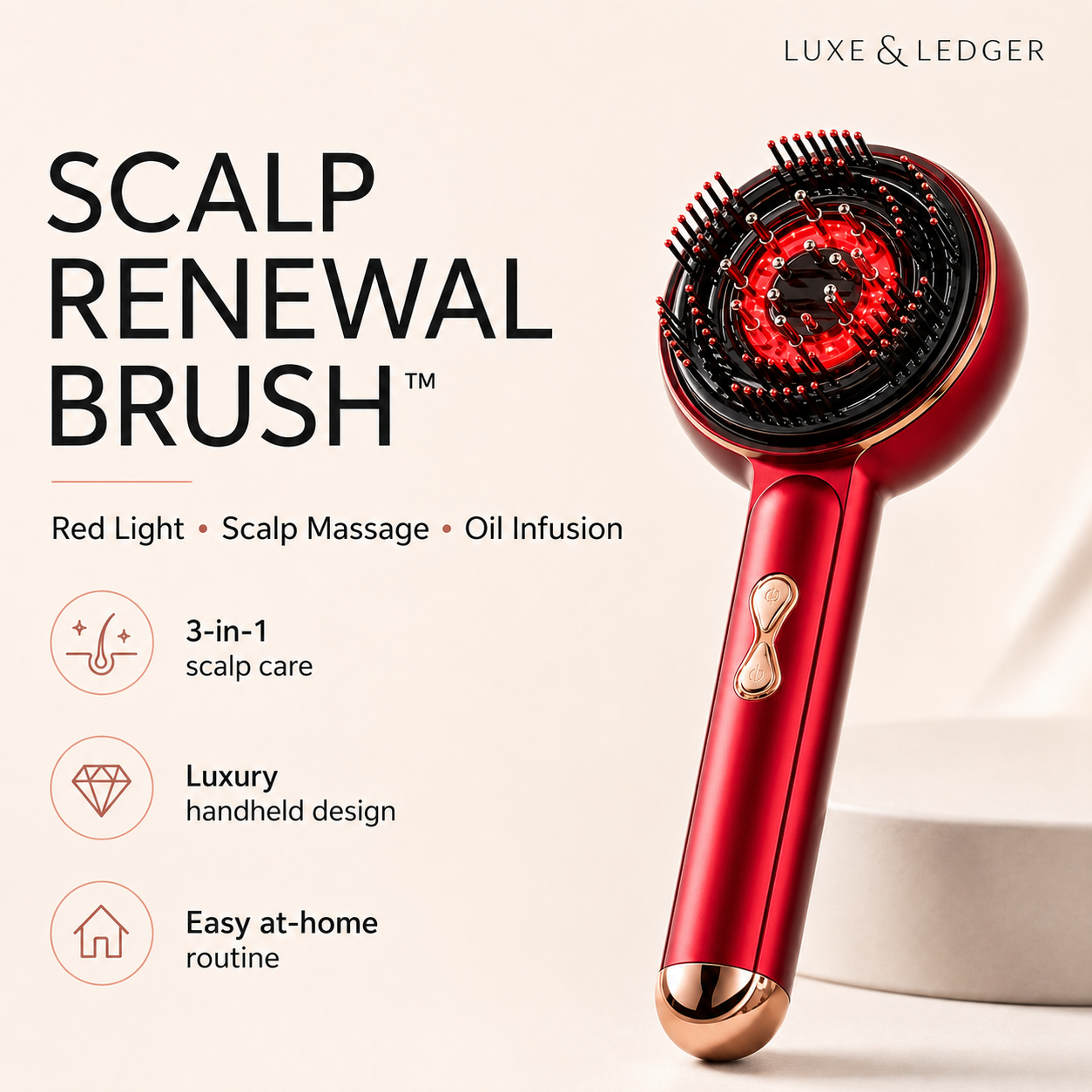 Red scalp renewal brush with massage and light therapy features on a beige background