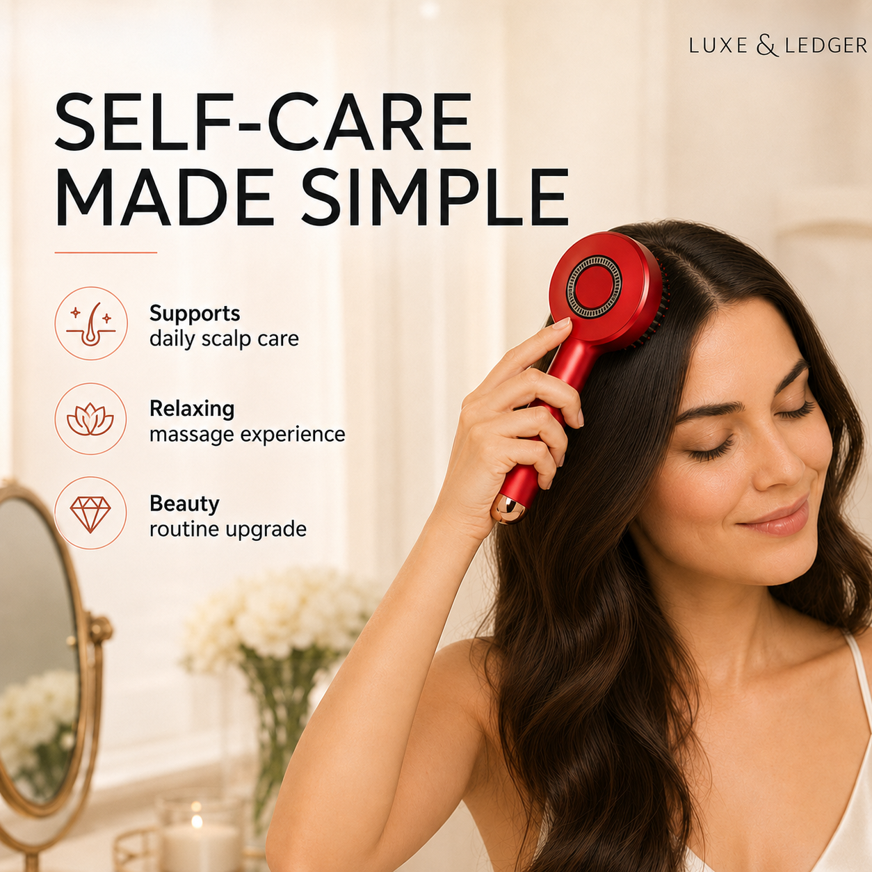 Woman using a red scalp massager with text about self-care and product features.