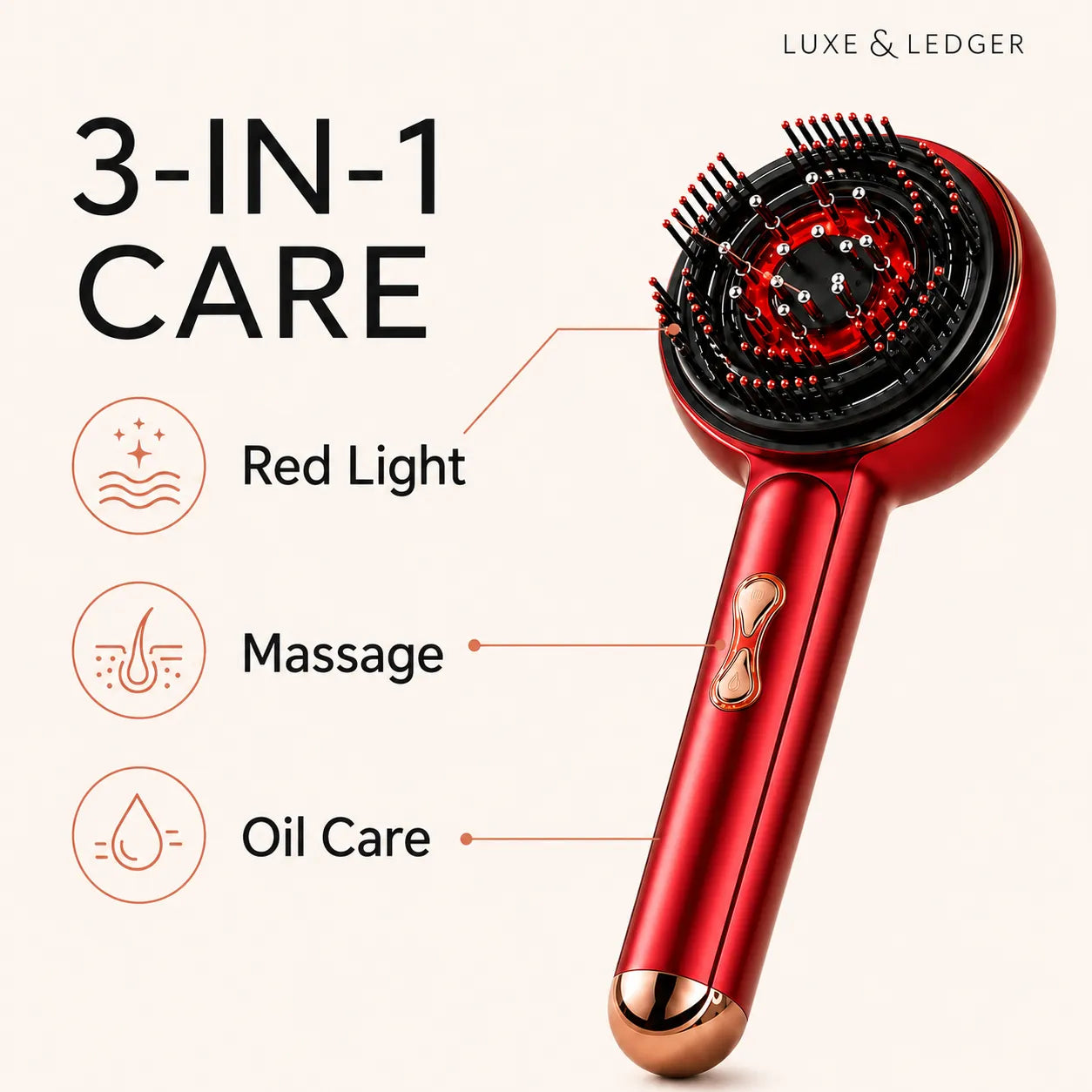 Red hair care device with massage and oil care functions on a white background