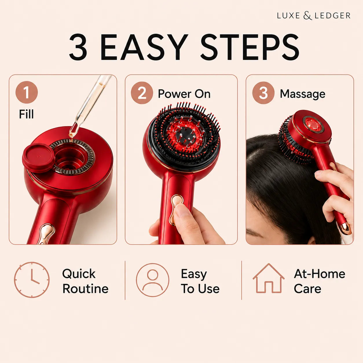 Red hair care device with step-by-step instructions on a beige background