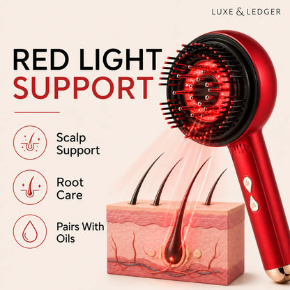 Red light hair care device with scalp and root care benefits on a beige background