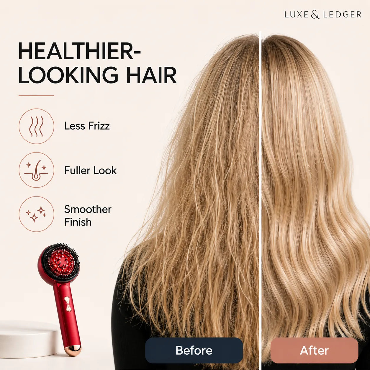 Before and after comparison of hair using a hair styling tool, with 'Luxe & Ledger' branding.