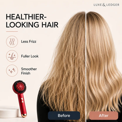 Before and after comparison of hair using a hair styling tool, with 'Luxe & Ledger' branding.