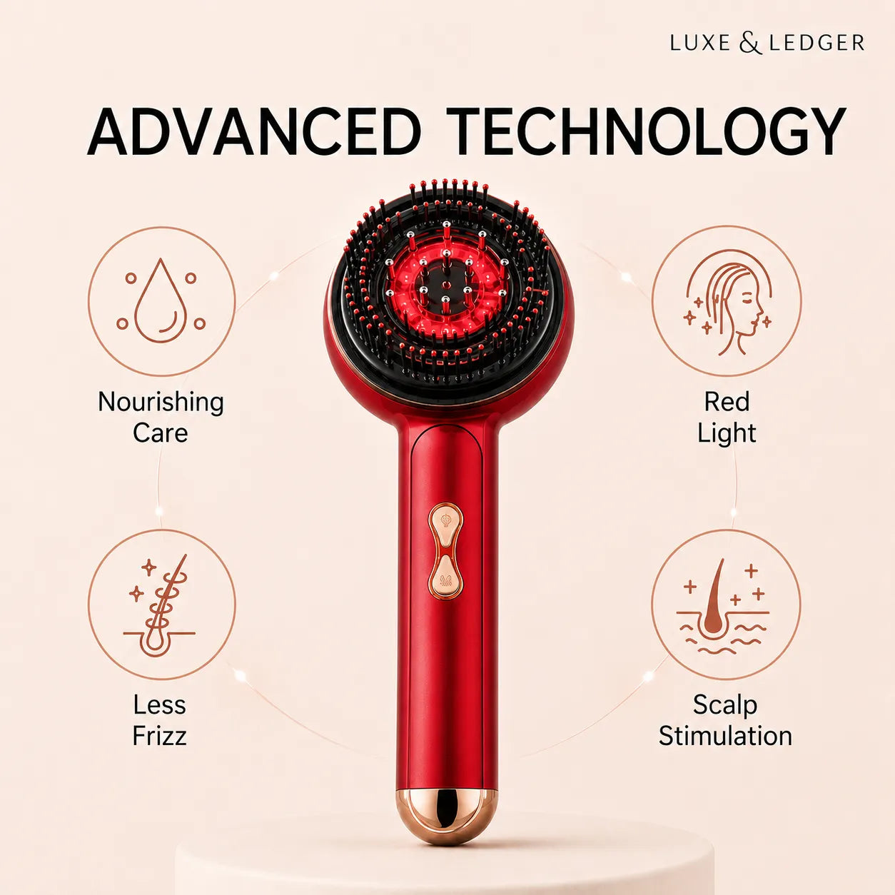 Red hair care device with features highlighted on a beige background