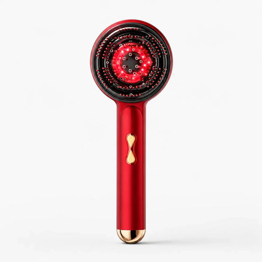 Red handheld shower head with a gold accent on a white background