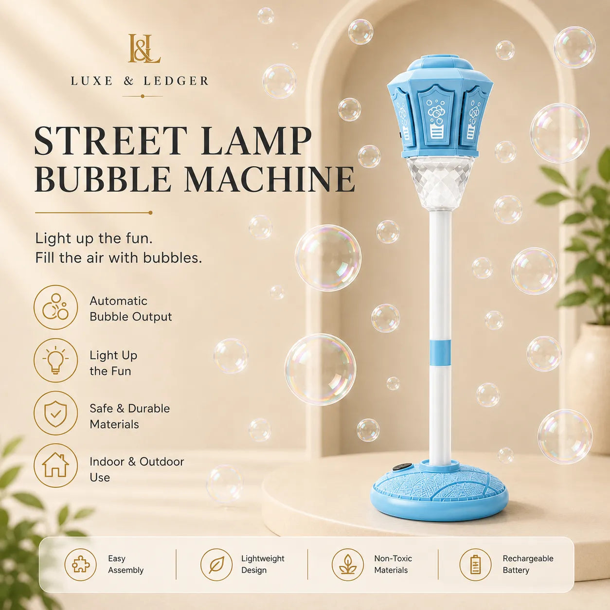 Blue street lamp bubble machine with features listed on a beige background