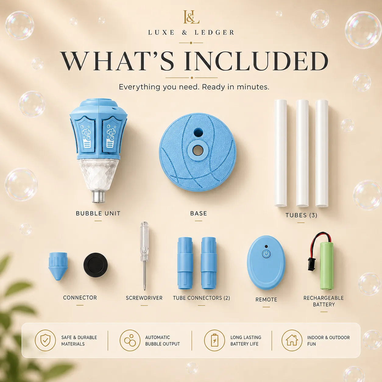 Luxe & Ledger bubble machine components on a beige background with bubbles.
