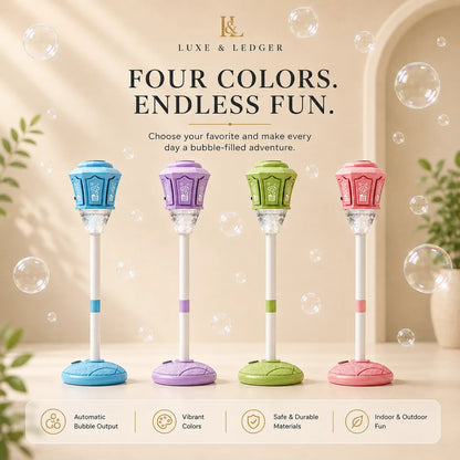 Four bubble blowers in different colors with branding and product features displayed.