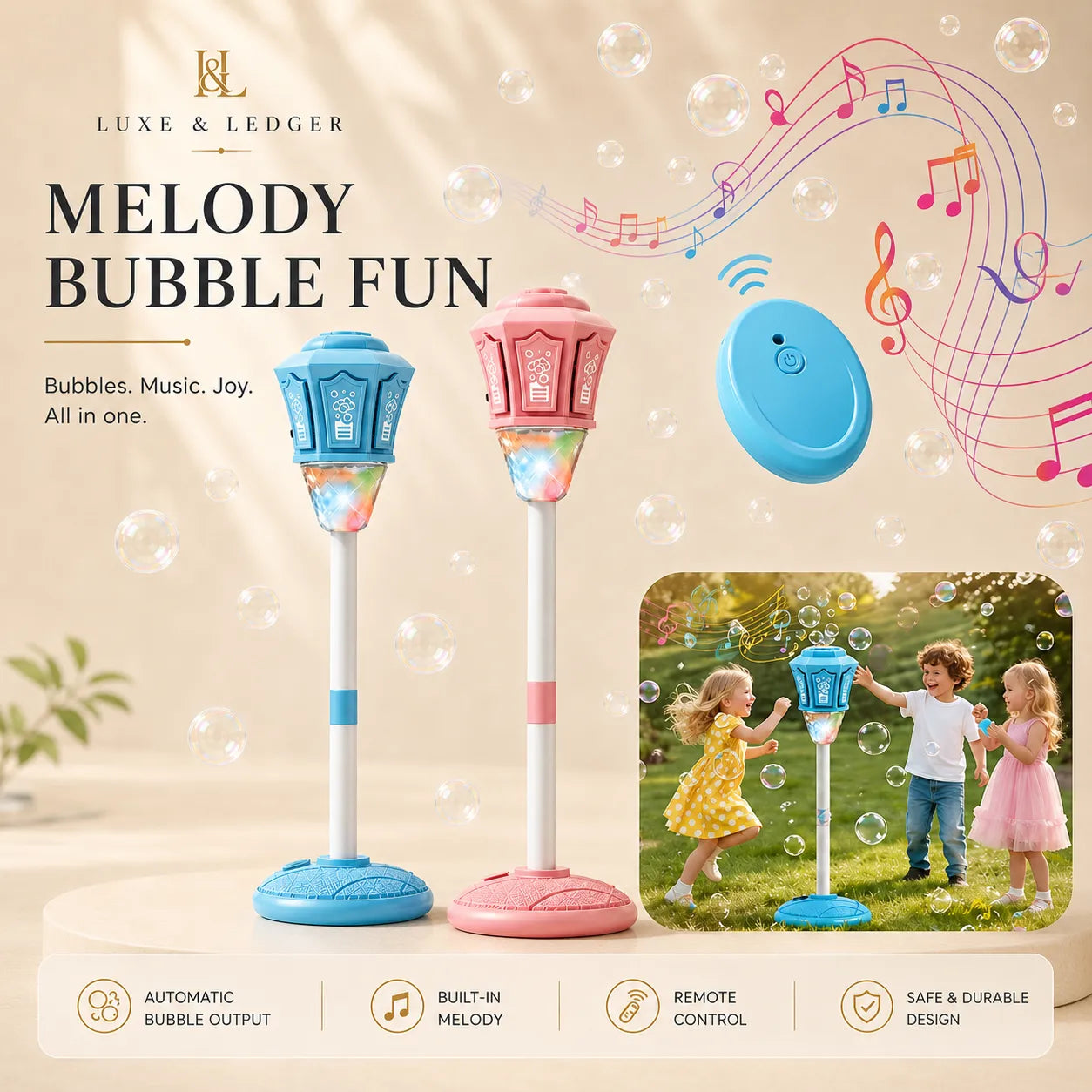 Bubble fun toy set with colorful stands and musical notes on a beige background, featuring the brand 'Luxe & Ledger'.