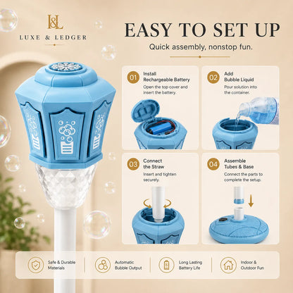 Instructions for setting up a bubble machine with Luxe & Ledger branding.