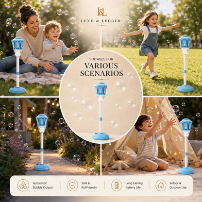 Children playing with bubble machines in a park, with promotional text about the product's features.