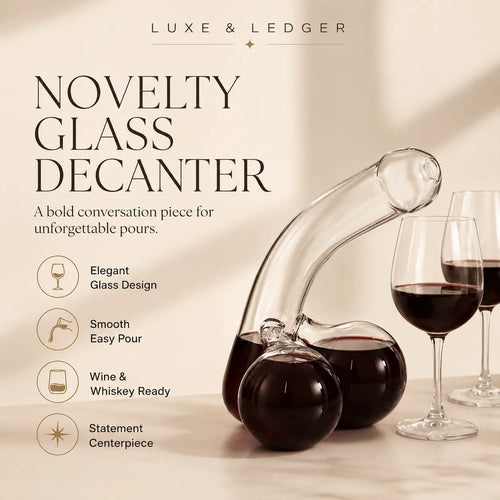 Novelty glass decanter with wine glasses on a wooden surface, featuring the brand 'Luxe & Ledger'.