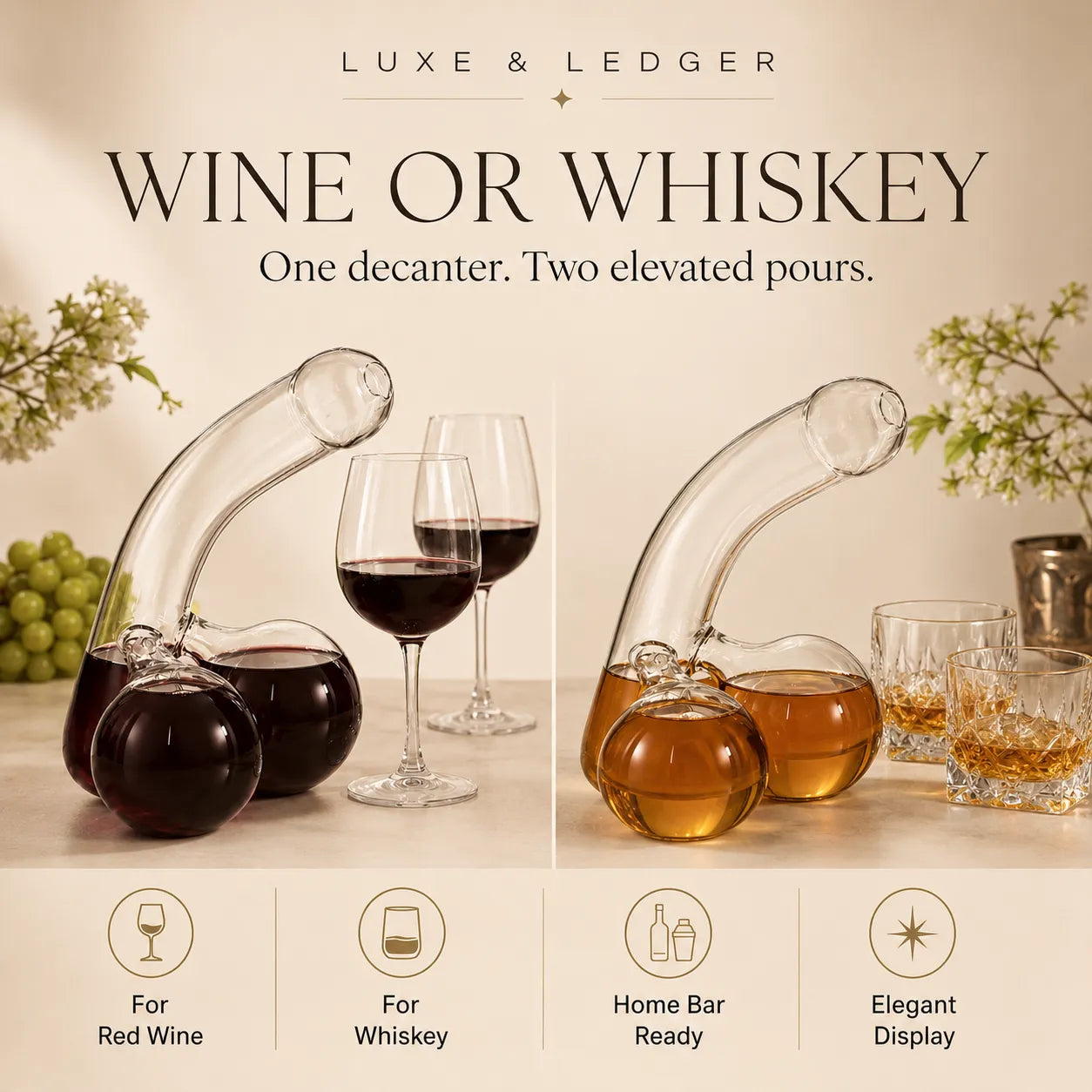 Glass decanter for red wine and whiskey with text 'Luxe & Ledger' and product features.