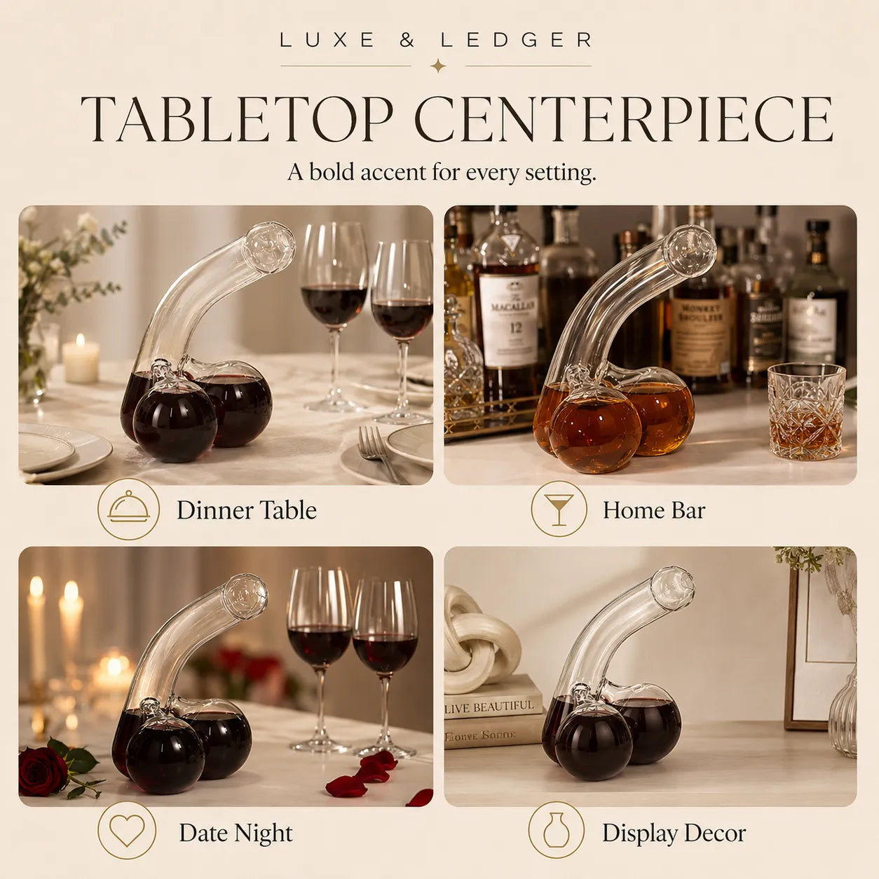 Tabletop centerpiece with glass and black accents in various settings.