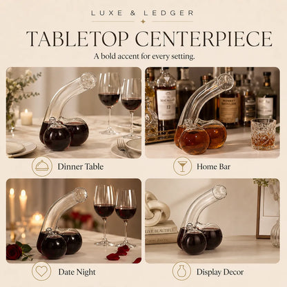 Tabletop centerpiece with glass and black accents in various settings.