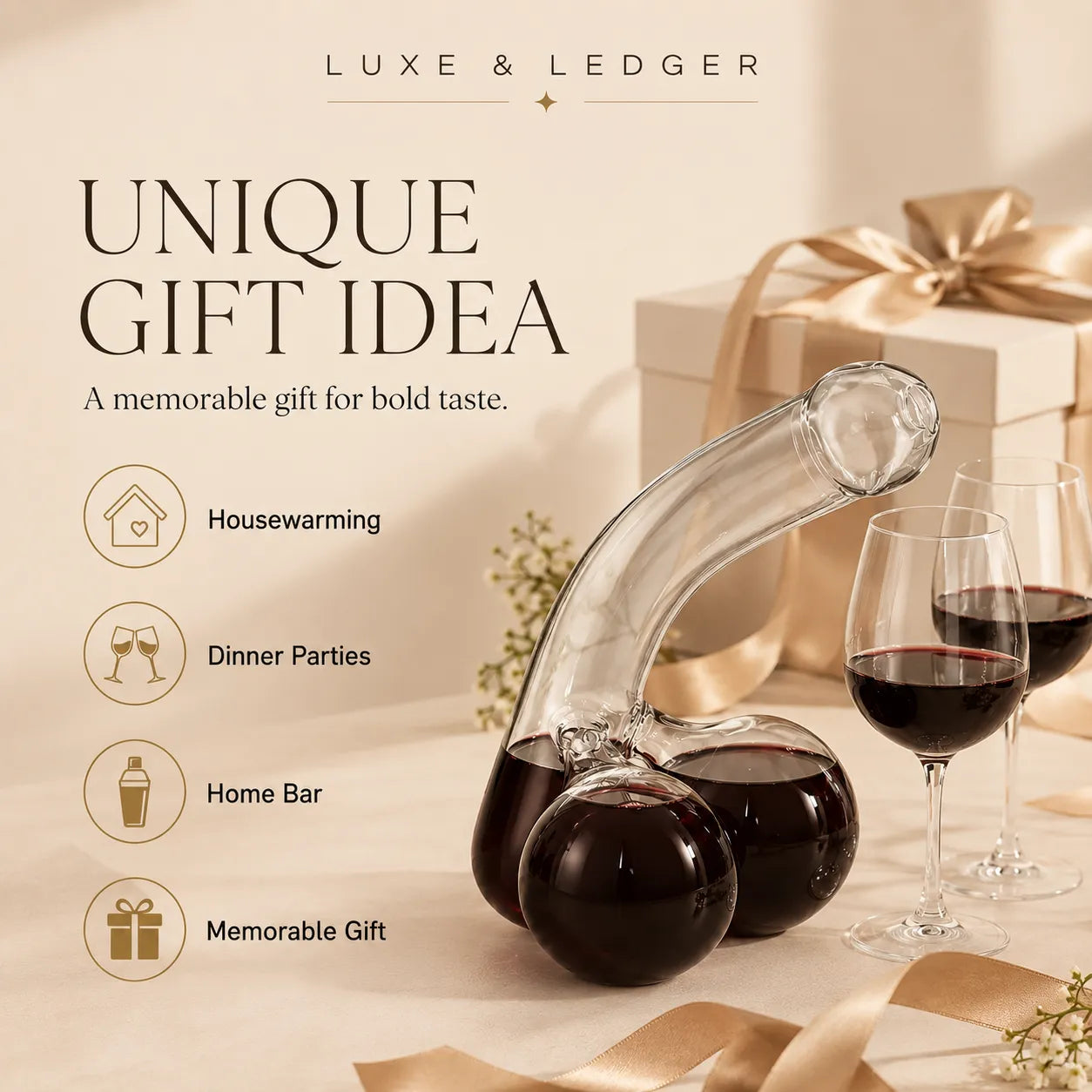 Luxe & Ledger wine decanter with glasses on a beige background, featuring gift ideas text.
