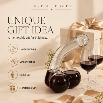 Luxe & Ledger wine decanter with glasses on a beige background, featuring gift ideas text.