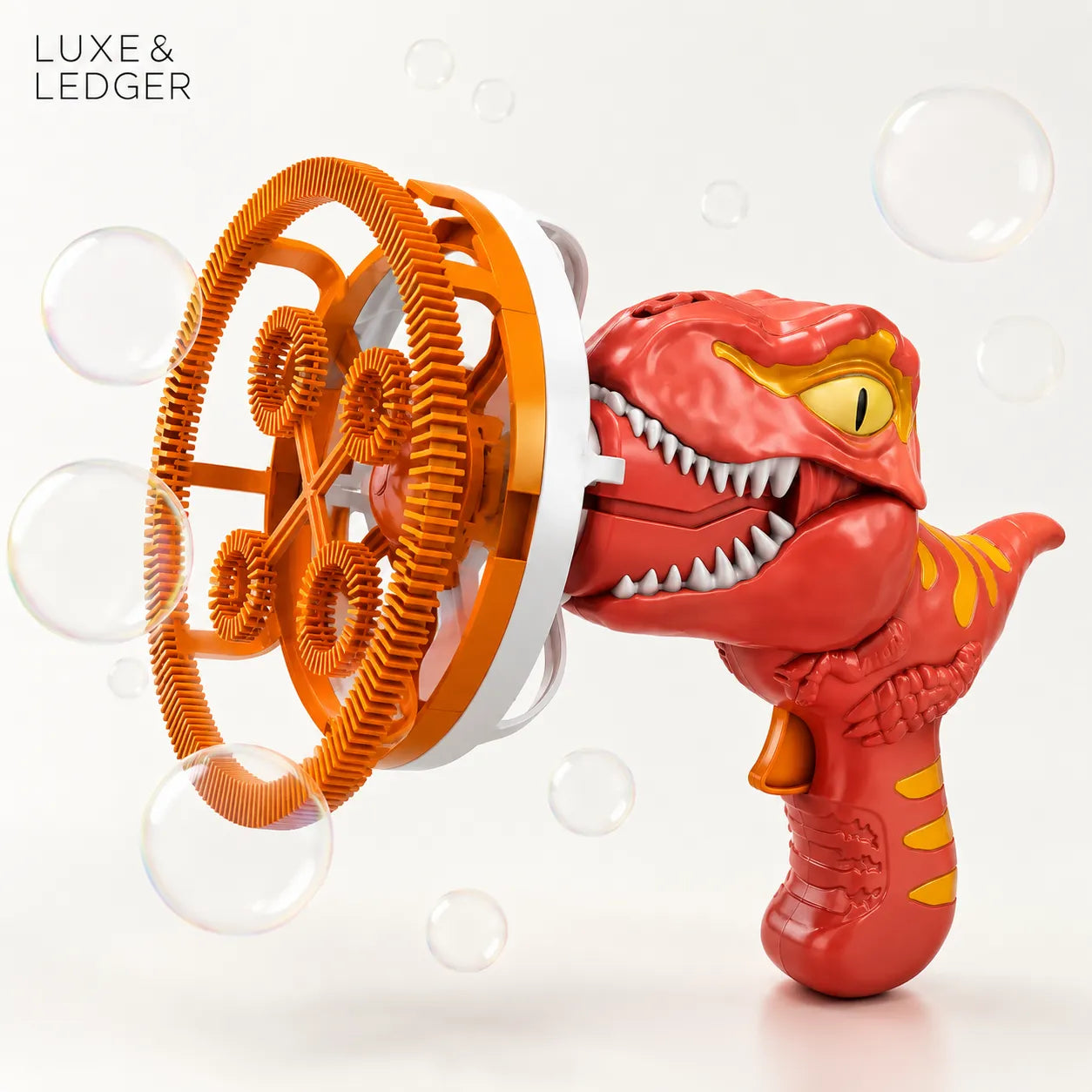 Red dinosaur-shaped bubble blower with orange spiral design on a white background with bubbles.