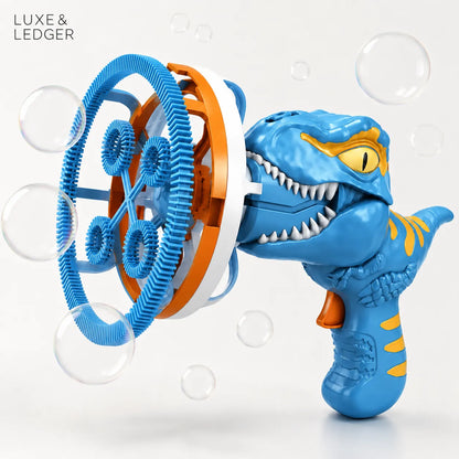 Blue dinosaur-shaped bubble machine with bubbles on a light gray background