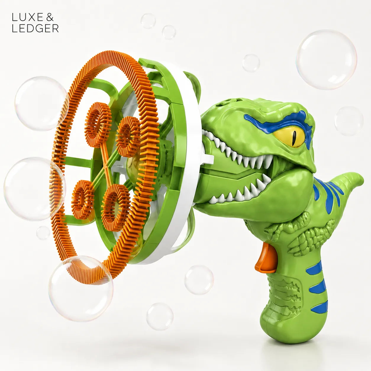 Green dinosaur bubble gun with orange bubbles on a white background