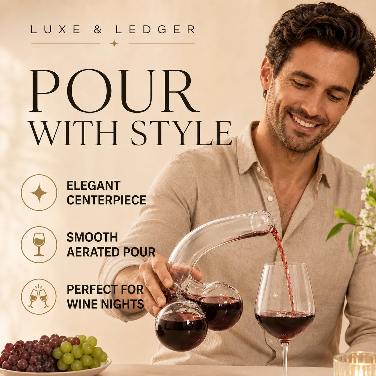 Man pouring red wine into a glass with 'Luxe & Ledger' branding and product features listed.