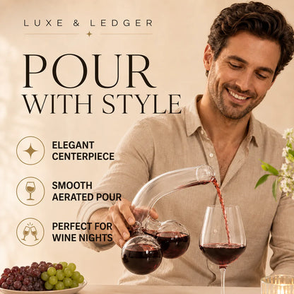 Man pouring red wine into a glass with 'Luxe & Ledger' branding and product features listed.