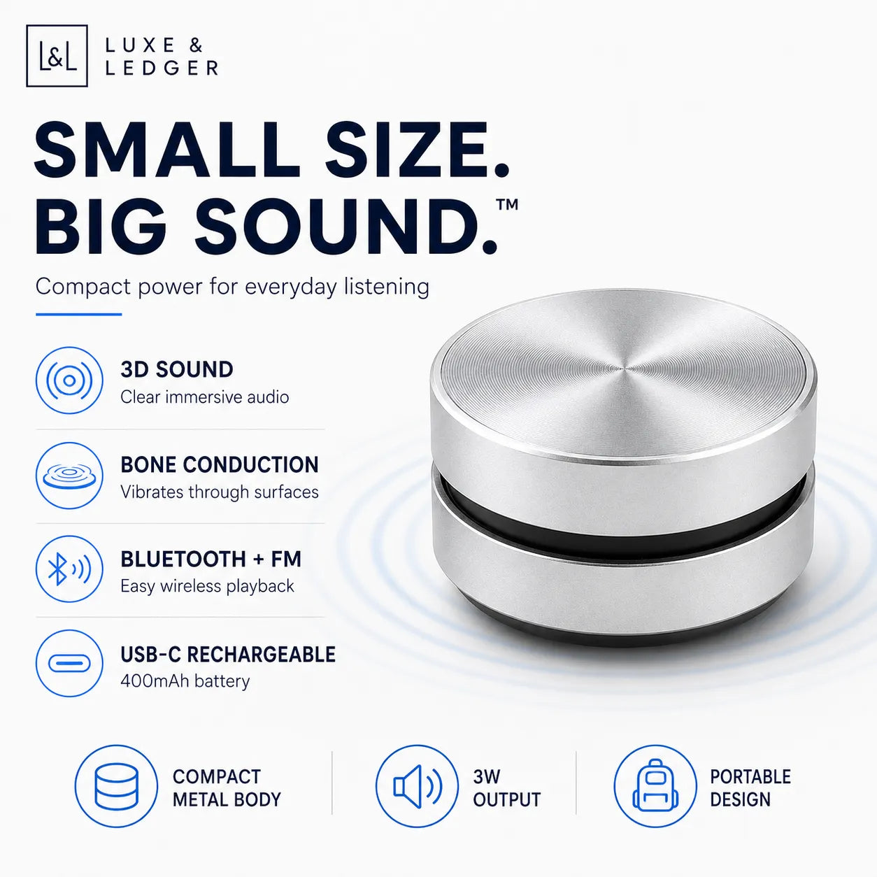 Portable speaker with features listed on a white background, featuring the brand 'Luxe & Ledger'.