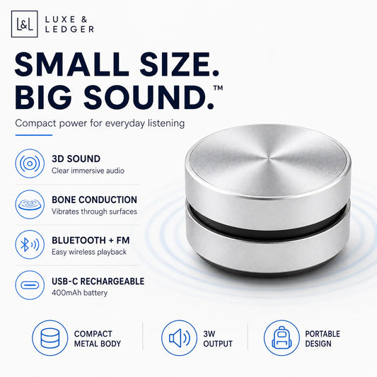 Portable speaker with features listed on a white background, featuring the brand 'Luxe & Ledger'.
