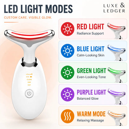 LED light device with various light modes on a beige background, branded as Luxe & Ledger.