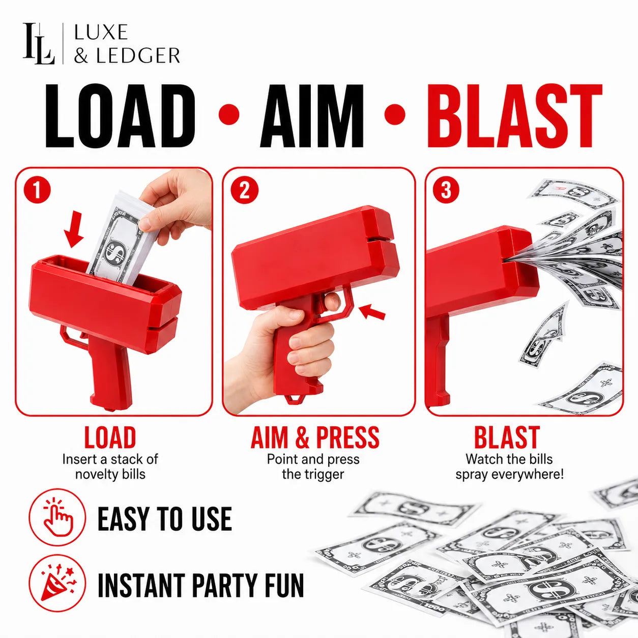 Red money gun toy with instructions on how to use it, featuring the brand 'Luxe & Ledger'.