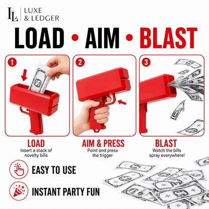Red money gun toy with instructions on how to use it, featuring the brand 'Luxe & Ledger'.