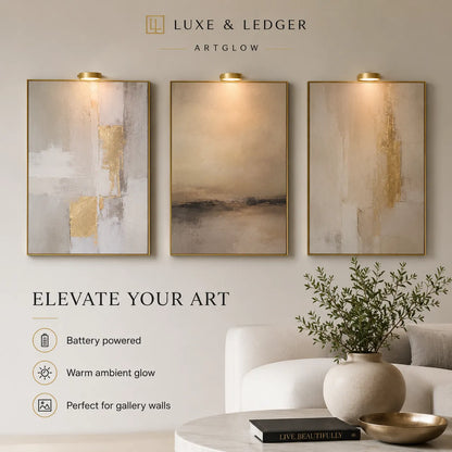 Three wall-mounted light fixtures with abstract art design on a wall, featuring the brand 'Luxe & Ledger'.