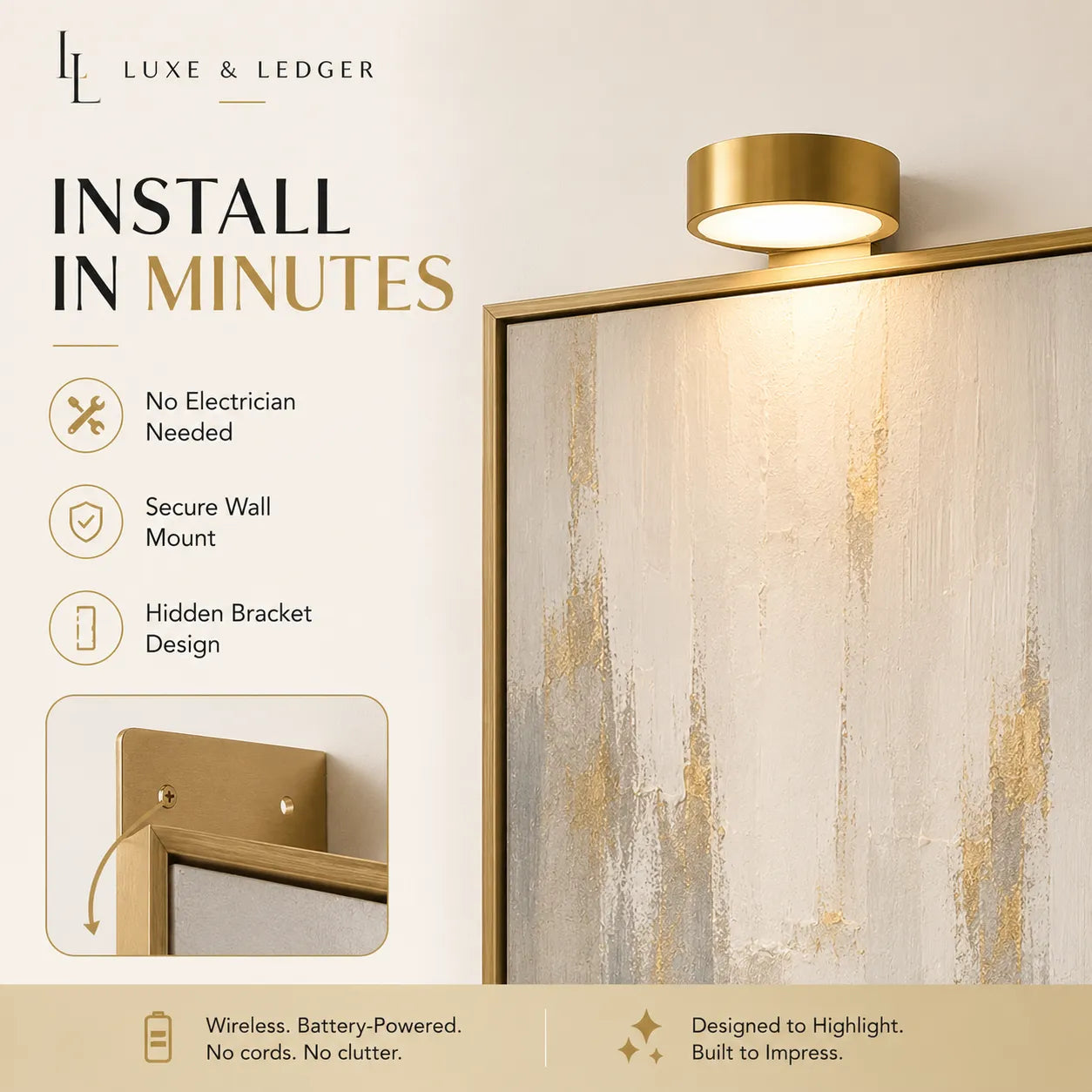 Gold wall light fixture with installation features on a neutral background