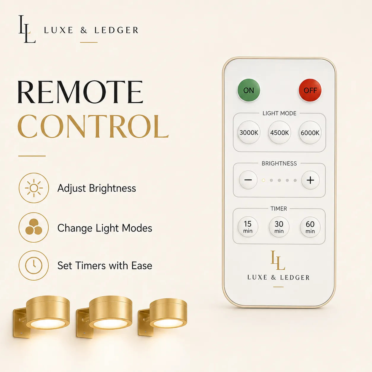 Remote control with light mode and brightness settings, Luxe & Ledger brand, on a beige background.