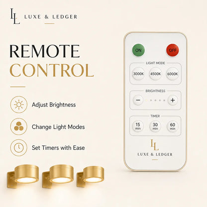 Remote control with light mode and brightness settings, Luxe & Ledger brand, on a beige background.