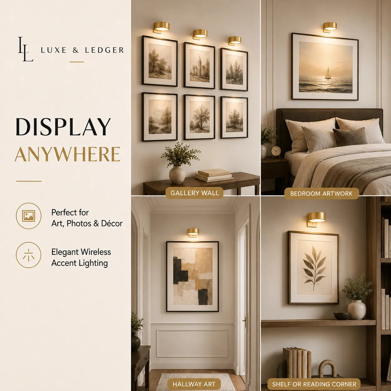 Advertisement for Luxe & Ledger wireless accent lighting system with various application scenarios.